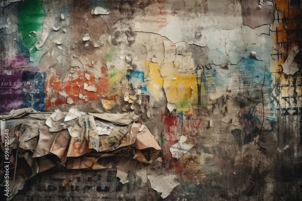 Fototapeta premium Torn posters on a graffiti-painted wall. Peeling paint and a painted wall with scraps of paper hanging on it. Generative AI