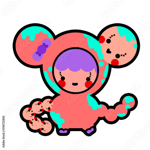 An alien cartoon character  a weirdo in a pink hood  with human-like hair and arms  with a purple hairpin.