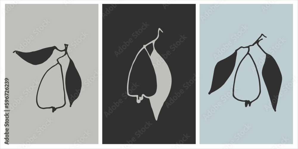 Vector graphic set of prints with leaves and pears. Decor printable art. Contemporary design for prints, posters, stationery, logos, branding, invitations, social media posts