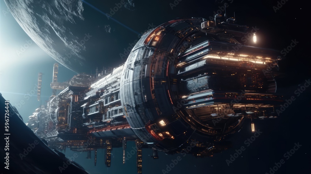 The spaceship. UFO. A ship flying in space against the background of the earth, guests from outer space, alien technologies. 3D illustration, AI generated