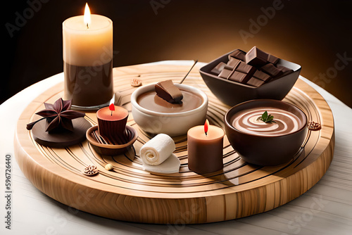 a luxurious chocolate spa  complete with chocolate-scented candles  chocolate-infused body treatments  and a chocolate fountain