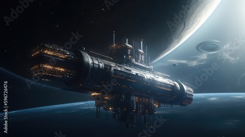 Wallpaper Mural The spaceship. UFO. A ship flying in space against the background of the earth, guests from outer space, alien technologies. 3D illustration, AI generated Torontodigital.ca