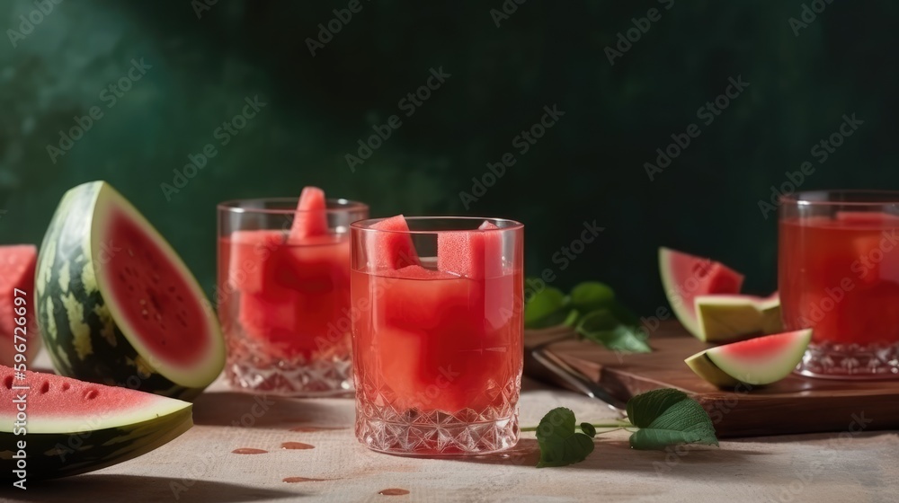 Watermelon cocktail in a mug with slices of watermelon on the table on a green background. Fresh summer drink. AI generated Watermelon cocktail in a mug with slices of watermelon on the table on a green background. Fresh summer drink. AI generated