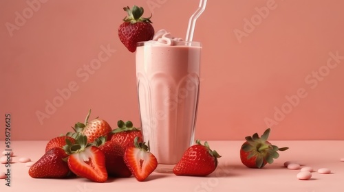 Strawberry milkshake in a mug on the table with strawberries. Summer delicious drink on a pink background. AI generated