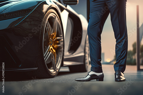 A businessman in formal suit uniform is standing in front of the supercar, successful businessman concept. Generative Ai image. © Nattawit