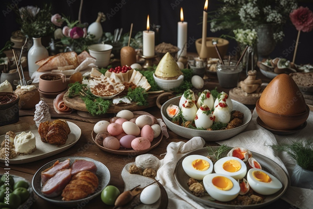 Easter spread with quail egg skewers, white borscht, eggs, & veg-filled ham cones. Generative AI