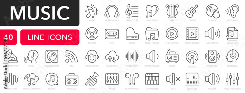 Music line icons set. Audio and music outline icons collection. Musical note, musical instruments, equipment, microphone, headphones, speakers - stock vector.