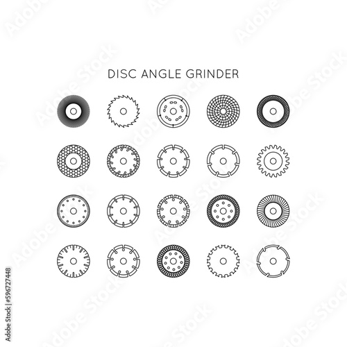 Diamond discs icons set. Discs for angle grinders. Cutting, metal, wood, concrete, granite, ceramics, asphalt, laminate.
