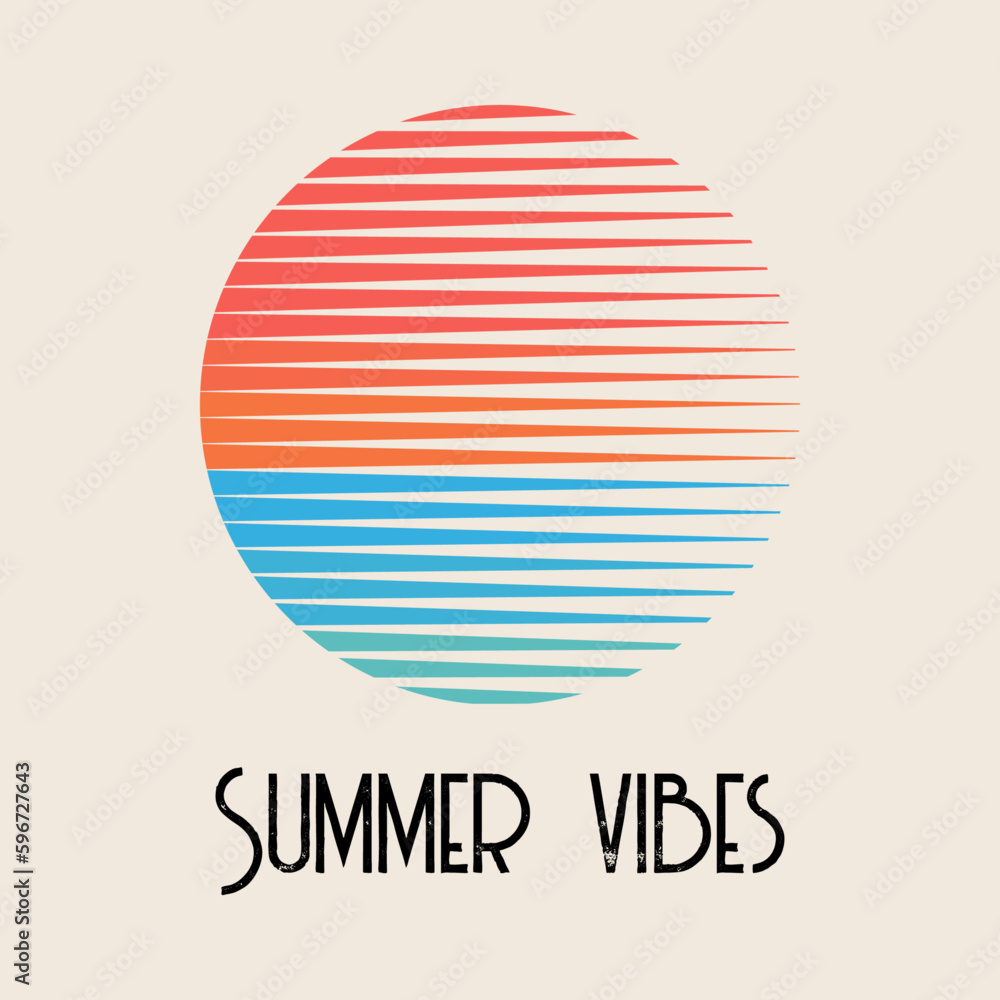 Retro sunset on the sea (ocean) with sun and water silhouette. Vintage styled logo or icon design with summer vibes text isolated on pastel background. Vector illustration. 