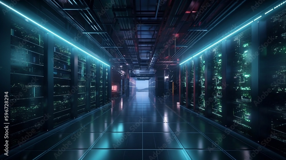 A high-detail server farm with a vivid primary background and global lights, using a hard lighting style. generative AI