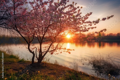 Beauty of the Evening Sky: Sunset over a Lake with Blossoming Sakura Trees: Generative AI