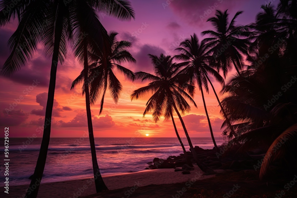 Purple and Orange Hues Sparkle over Caribbean Coconut Palms at Sunset: Get the Island Vibes on a Tropical Beach: Generative AI