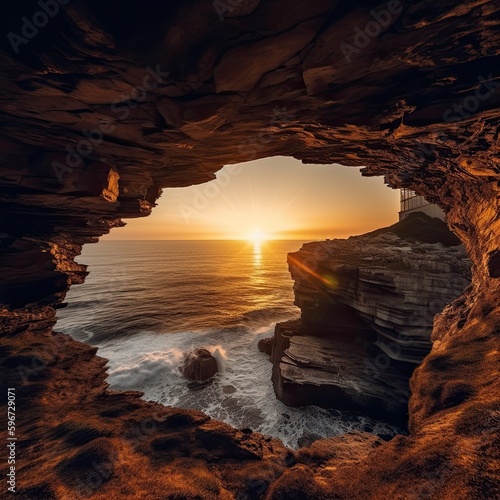 Serene Orange Sunset Over a Coastline of Arch Cliffs and Ocean Waves. Generative AI © AIGen