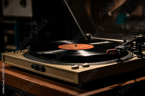 Turntable of vinyl records The player is single-line, color, art.