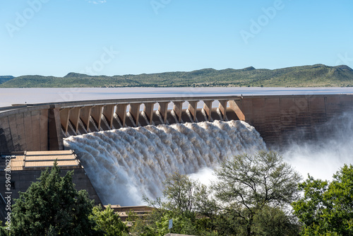 The largest dam in South Africa, the Gariep Dam, overflowing photo