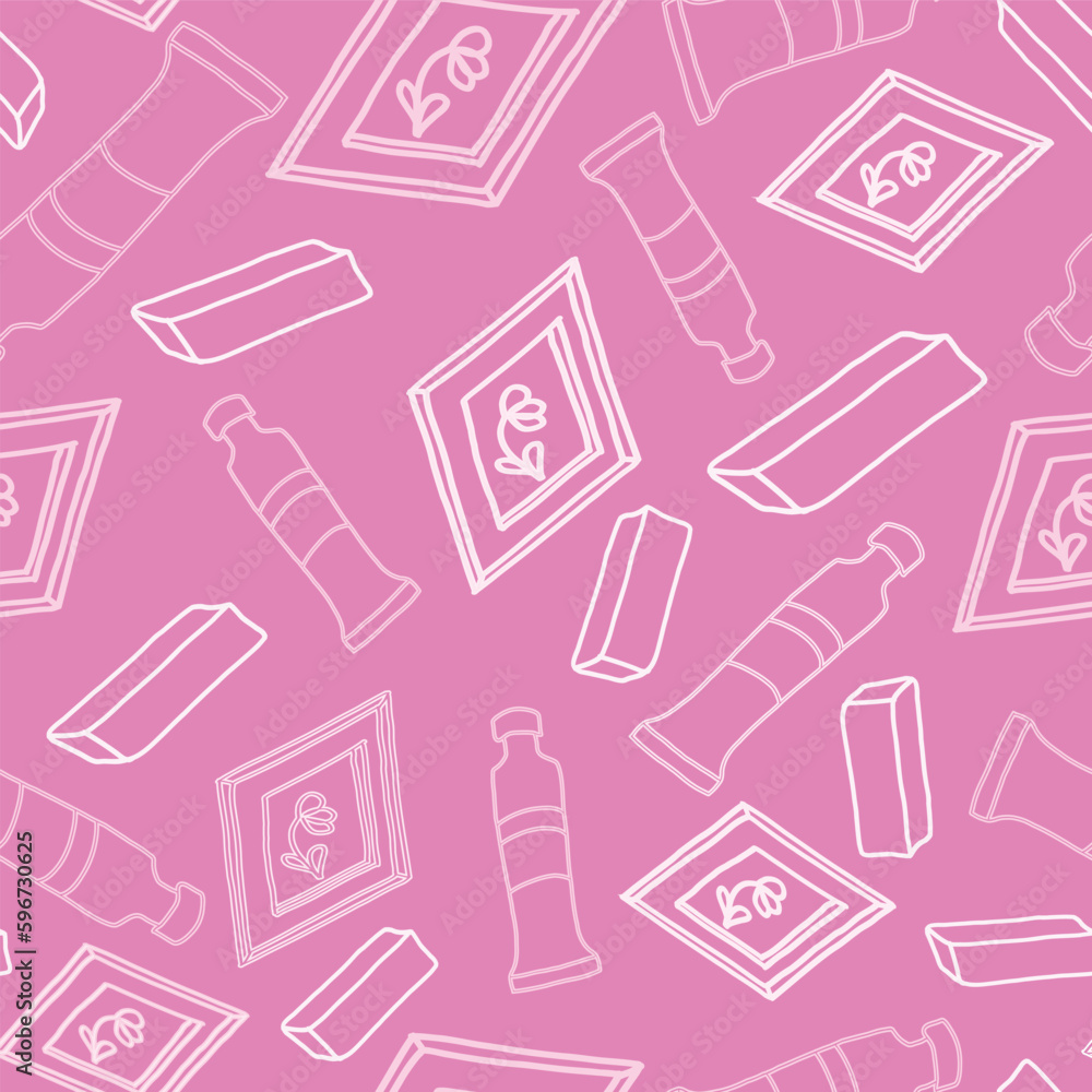 Vector repeat pattern of Art Tools in a fun, pink texture design. Pink erasers, paintings and tubes of watercolor paint tubes in line art make up the design. Vector repeat pattern of Art Tools in a fun, pink texture design. Pink erasers, paintings and tubes of watercolor paint tubes in line art make up the design.