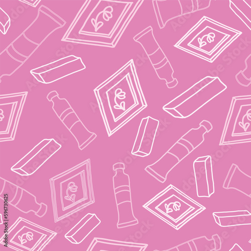 Vector repeat pattern of Art Tools in a fun, pink texture design. Pink erasers, paintings and tubes of watercolor paint tubes in line art make up the design.