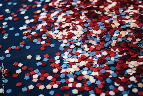 4th of july American Independence Day  red white and blue stars confetti  decorations on pastel blue background. Flat lay  top view
