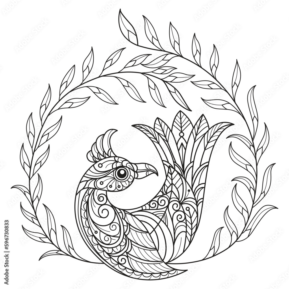 Fototapeta premium Bird and ivy hand drawn for adult coloring book