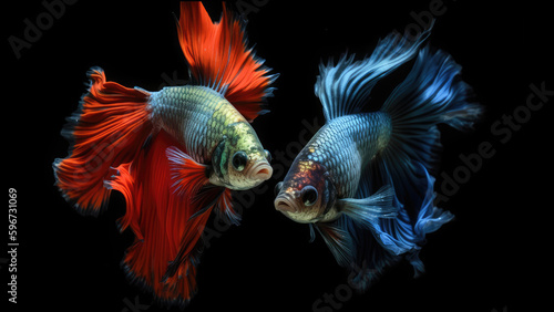 Beautiful siamese betta fish, fighting siamese fish with green blue red orange gold black white pink colours , underwater photography isolated on black background, Generative AI © ribelco