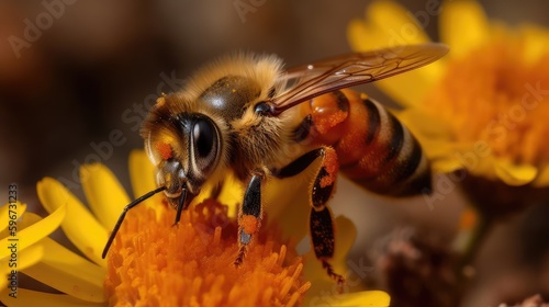 A bee collects nectar from a flower, close-up. The concept of nature. AI generated