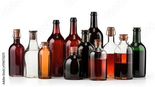 Different bottles of alcoholic beverages on a white background. AI generated