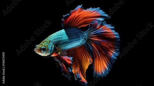 Beautiful siamese betta fish, fighting siamese fish with green blue red orange gold black white pink colours , underwater photography isolated on black background, Generative AI