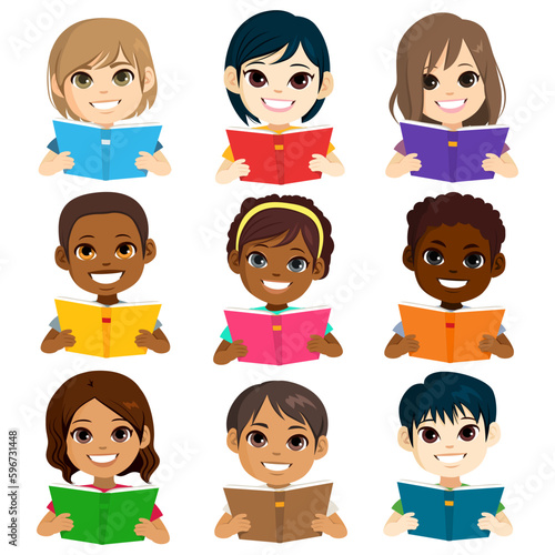 Vector illustration of smiling cute kids boys and girls avatars set holding books isolated on white background. Diverse happy children reading