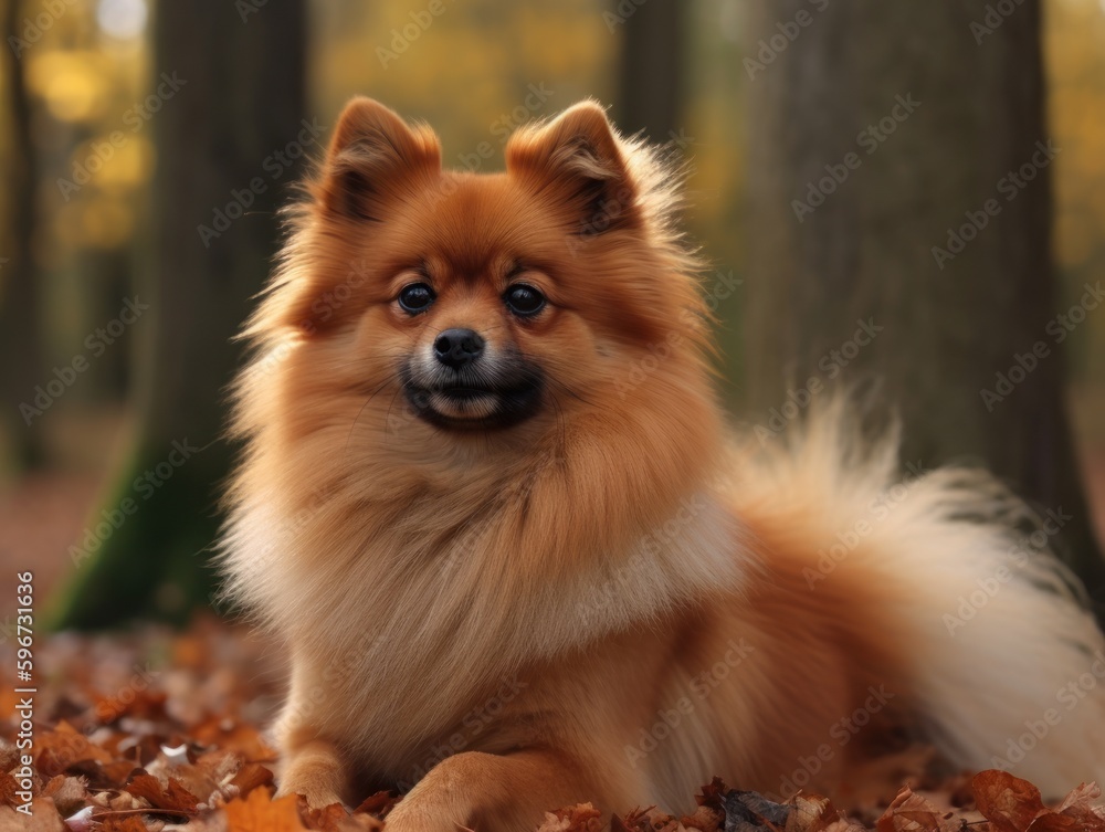 Small beautiful funny dog, German Fluffy Spitz. Generative AI 