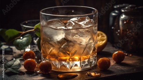 Whiskey with ice in a glass, sea buckthorn on the table. Alcoholic beverage. AI generated