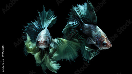 Beautiful siamese betta fish, fighting siamese fish with green blue red orange gold black white pink colours , underwater photography isolated on black background, Generative AI
