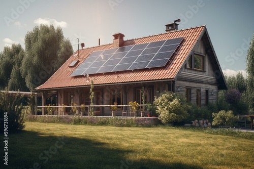 Renovated farm house with solar panels on roof and wall. Generative AI