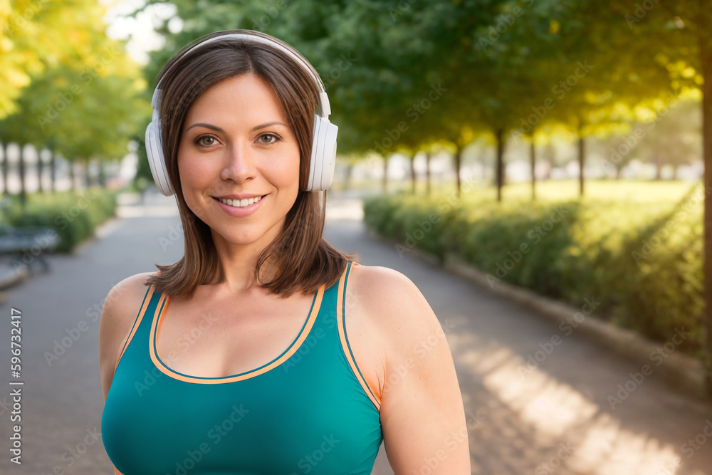 Middle age sportswoman smiling happy wearing headphones at the park. Generative Ai Middle age sportswoman smiling happy wearing headphones at the park. Generative Ai