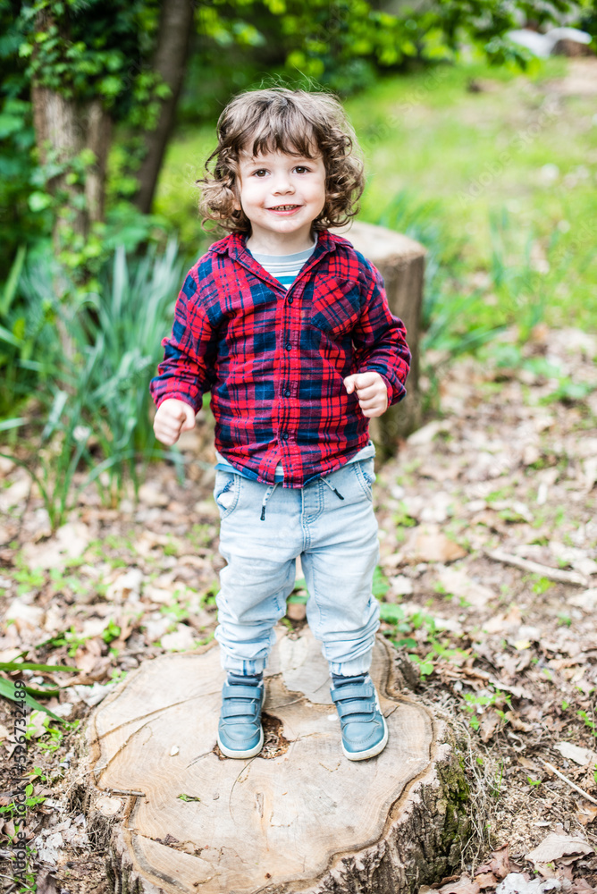three year old boy in casual red plaid shirt standing on log in woods smiles happy three year old boy in casual red plaid shirt standing on log in woods smiles happy