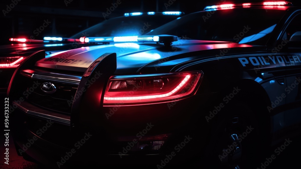 Hood of a police car at night, close-up. Flashing beacons enabled. AI generated