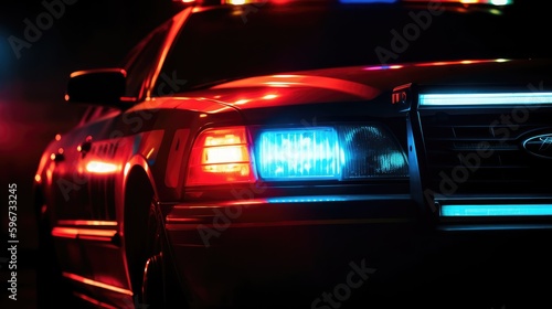 Hood of a police car at night, close-up. Flashing beacons enabled. AI generated ©  AKA-RA