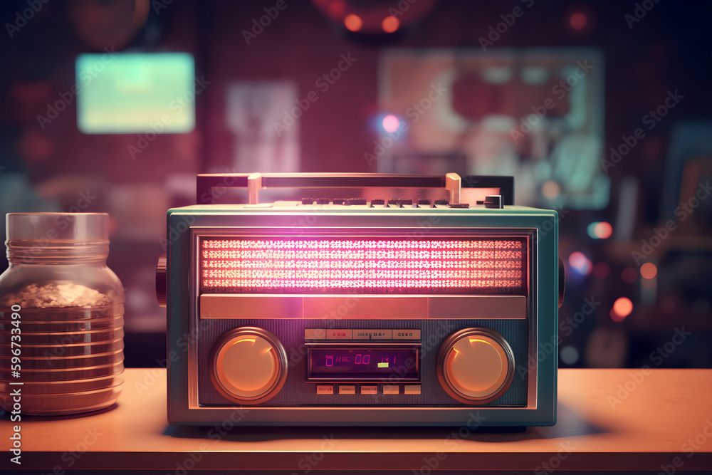 Retro music background with boombox. Music of 80s and 90s. Generative AI