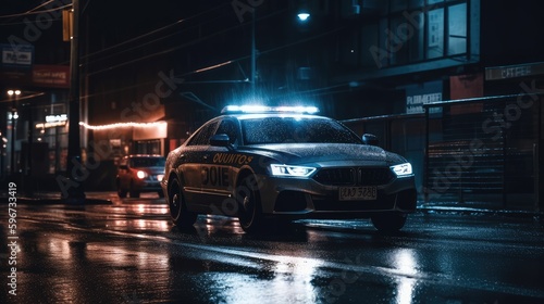 A car with beacons on a dark street. AI generated ©  AKA-RA