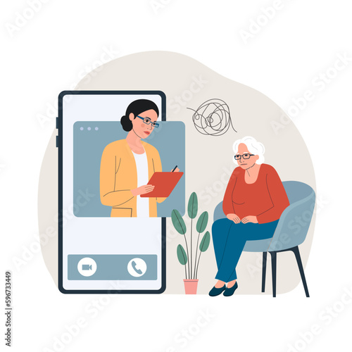 Online psychological help. Sad elderly woman talking with psychologist on the chair. Vector flat style illustration