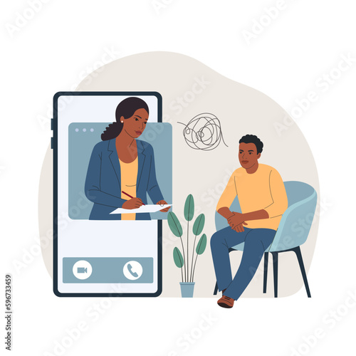 Online psychological help. Psychiatrist work with Black man on the chairs. Psychological consultation. Vector flat style illustration