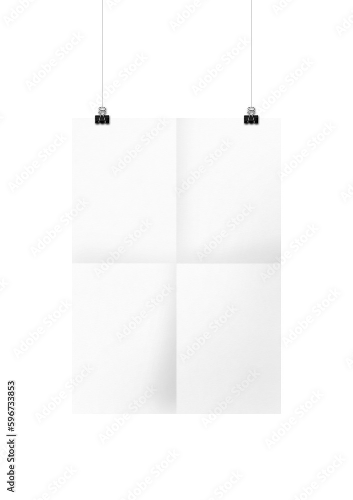 White folded poster hanging on a clean wall with clips White folded poster hanging on a clean wall with clips