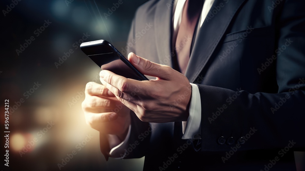 Businessman in a suit holding a phone, close-up. Business and work concept. AI generated Businessman in a suit holding a phone, close-up. Business and work concept. AI generated