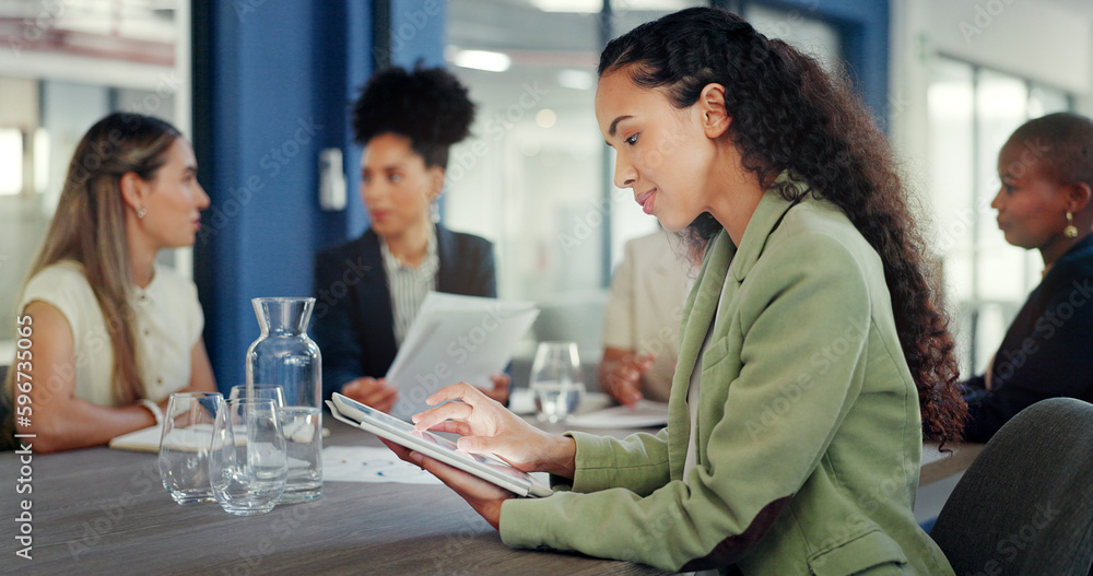 Business woman, portrait and tablet in meeting for online planning, strategy and internet search. Happy female worker working on digital technology for productivity, connection and happiness in team Business woman, portrait and tablet in meeting for online planning, strategy and internet search. Happy female worker working on digital technology for productivity, connection and happiness in team