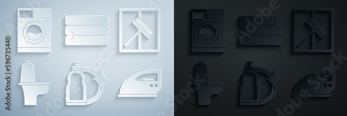 Set Plastic bottles for liquid dishwashing liquid, Squeegee, scraper, wiper, Toilet bowl, Electric iron, Towel stack and Washer icon. Vector