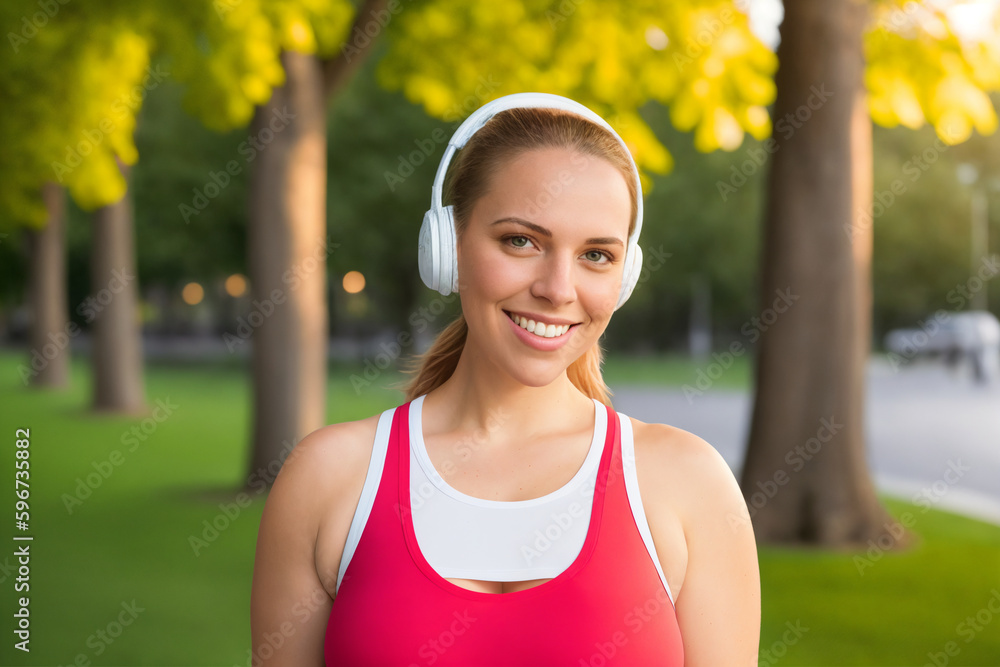 Beautiful and cheerful plus size caucasian young woman outdoors - Pretty overweight curvy female in headphones listening music and exercising in the park. Generative Ai Beautiful and cheerful plus size caucasian young woman outdoors - Pretty overweight curvy female in headphones listening music and exercising in the park. Generative Ai