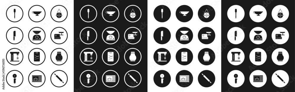 Set Ball tea strainer, Scales, Bread knife, Spoon, Kitchen meat grinder, Sauce boat, Salt and pepper and Electric mixer icon. Vector Set Ball tea strainer, Scales, Bread knife, Spoon, Kitchen meat grinder, Sauce boat, Salt and pepper and Electric mixer icon. Vector