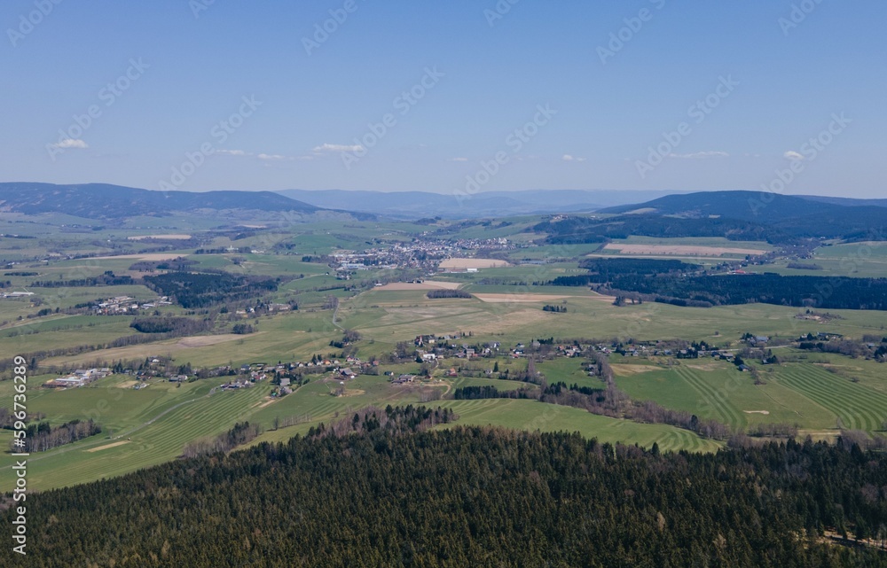 A drone view of the czech mountains and Jeseniky in the background. Czech republic.