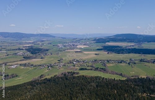 A drone view of the czech mountains and Jeseniky in the background. Czech republic.