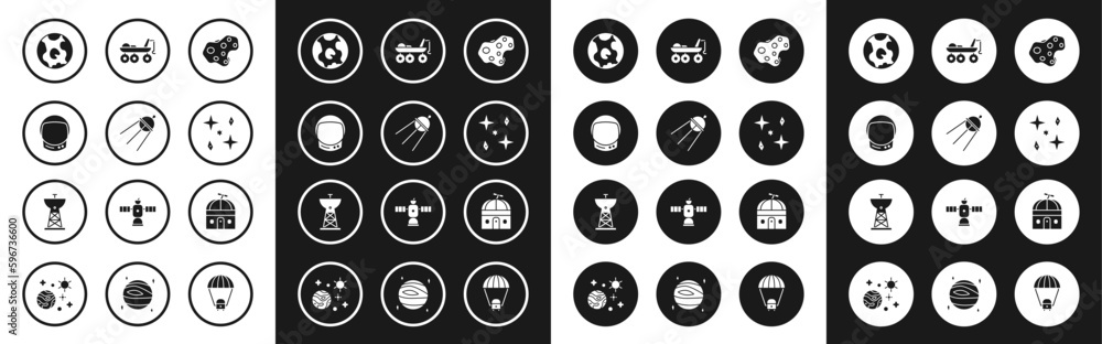 Set Asteroid, Satellite, Astronaut helmet, Earth globe, Falling stars, Mars rover, Astronomical observatory and dish icon. Vector