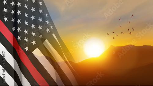 Thin Red Line Firefighter Flag. USA flag. Remembering, memories on fallen fire fighters officers on duty. EPS10 vector